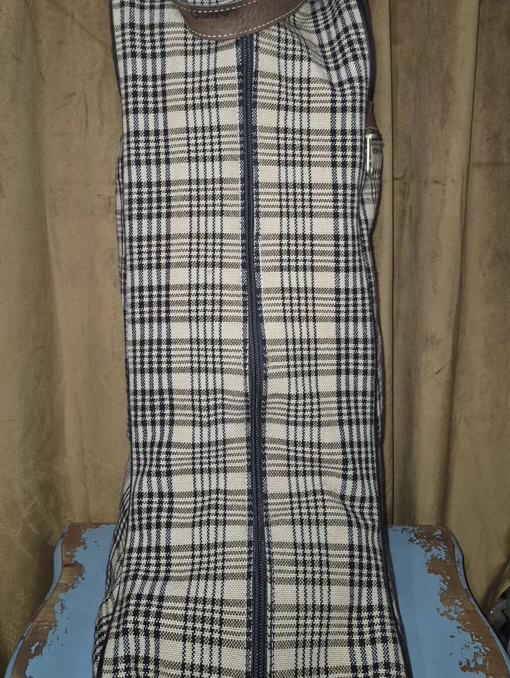 🔥5/A Baker Blanket Plaid Woven Fabric Suede Leather Riding Boot Bag Equestrian